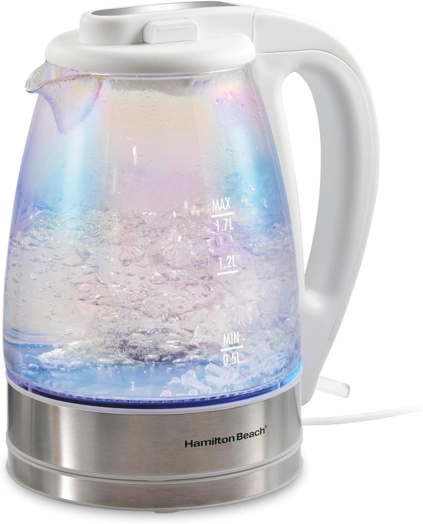 Hamilton Beach 1.7L Electric Tea Kettle, Water Boiler & Heater, LED Indicator, Built-In Mesh Filter, Auto-Shutoff & Boil-Dry Protection, Cordless Serving, Iridescent Clear Glass (41055) (1.8 Quarts)