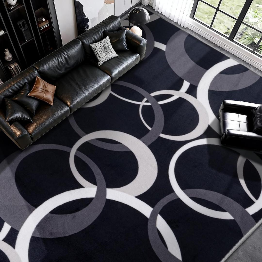 YIHOUSE Washable Large Area Rugs 9x12 Living Room, Black and White Rug for Bedroom Non Slip Low Pile, Soft Modern Geometric Circle Carpet for Dining Room Playroom Home Office Decor