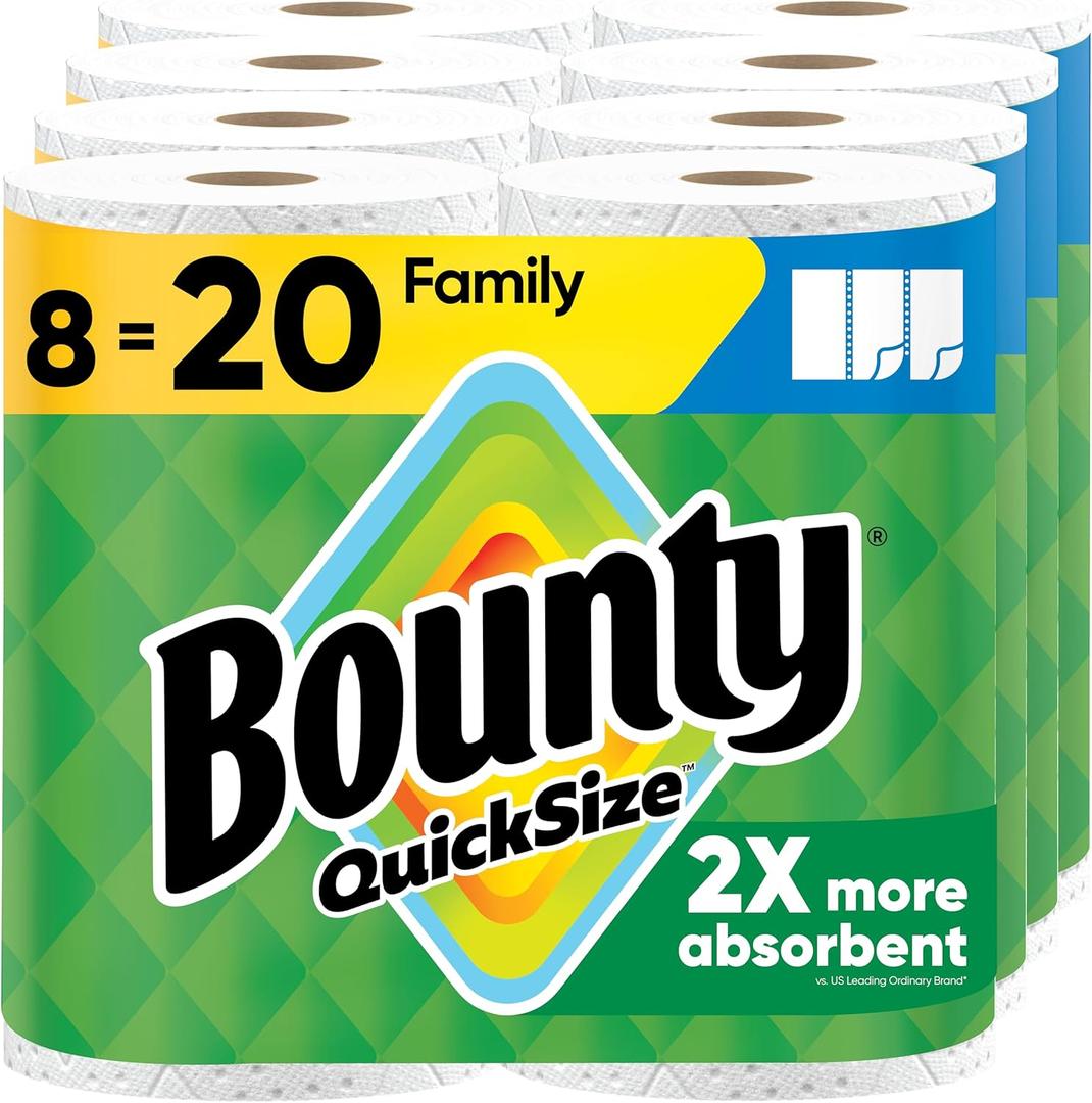 Bounty Quick Size Paper Towels, White, 8 Family Rolls = 20 Regular Rolls 