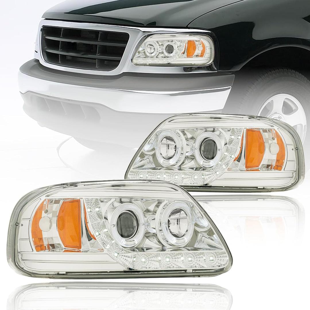 LED Headlights Compatible with 1997-2004 Ford F150 / 1997-1999 F250 / 1997-2002 Expedition Replacements Headlamp Amber Reflector Chrome Housing LED Headlights Compatible with 1997-2004 Ford F150 / 1997-1999 F250 / 1997-2002 Expedition Replacements Headlamp Amber Reflector Chrome Housing