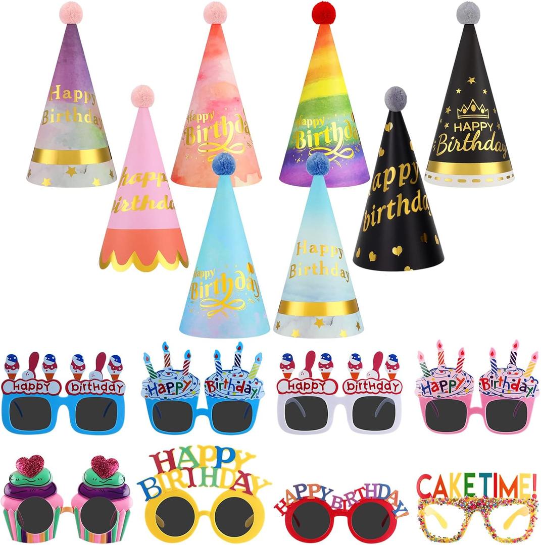 16 Pcs Birthday Party Hats Set, Birthday Cone Hats with Pom Poms and Fun Glasses for Family Celebration, Group Parties (Cute Style)