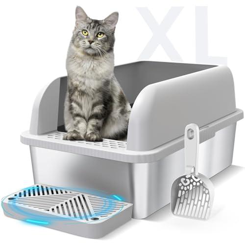 Suzzipaws Enclosed Stainless Steel Cat Litter Box with Lid Extra Large Litter Box for Big Cats XL Metal Litter Pan Tray with High Wall Sides Enclosure, Non-Sticky, Anti-Leakage, Easy Cleaning 