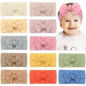 CÉLLOT Super Stretchy Soft Knot Headbands with Hair Bows Head Wrap Hair Accessories For Newborn Baby Girls Infant Toddlers Kids 12 Pack