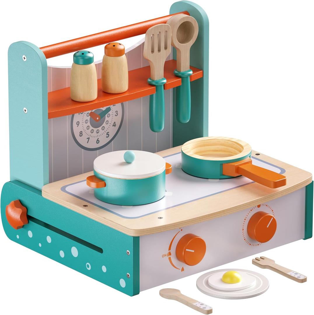 Dailyfunn Wooden Foldable &Portable Toy Stove Pretend Kitchen Play Set with Cooking Accessories