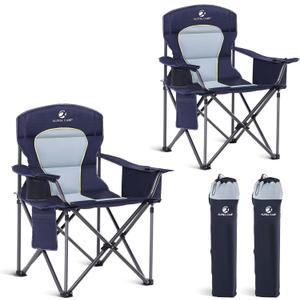 LET'S CAMP Oversized Folding Camping Chair Portable Outdoor Heavy Duty Padded Chairs Lawn Chair with Cup Holder, Storage Pocket and Cooler Bag, Supports 450LBS, for Camp, Travel, Picnic, 2 Pack (Blue)