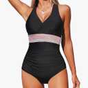 Anrabess Swimsuits for Women Tummy Control One Piece Bathing Suit Modest Ruched Color Block Slimming V Neck Swimwear, XXL
