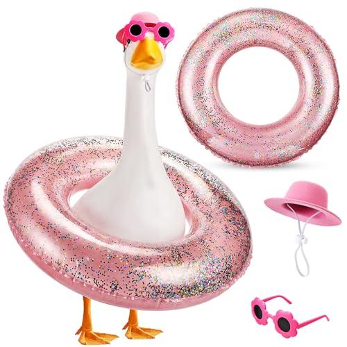 Sunnymove Summer Goose Outfit with Hat, Glasses and Sequin Swimming Ring Hawaiian Porch Goose Clothes Funny Geese Costume for Summer Outdoor Statues Garden Yard Decor(Rose Red)