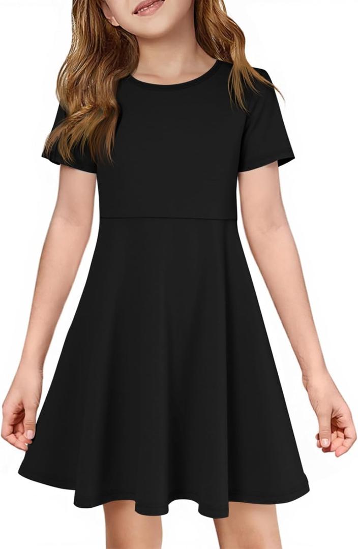 Imily Bela Girls Summer Short Sleeve Dress A Line Swing Basic Skater Twirl Party Dresses  (9-10 Years)