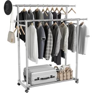 Clothes Rack for Hanging Clothes, Stainless Steels Coat Rack with Wheels, Clothing Rack, Garment Rack, Portable Closet, Portable Closet, Adjustable Length (XXL)
