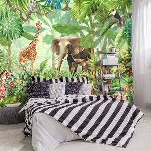 -Green Rainforest Plants Animals Tiger Cloth Wallpaper Jungle Plants Banana Leaves Boys Girls Kindergarten Children's Room Large Mural- 137"x96" not Peel and Stick