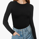 Buauty Women's Long Sleeve Crewneck Sweater 2025 Fall Ribbed Knit Fitted Shirts Slim Solid Pullovers Basic Casual Tee Tops, Black, Large