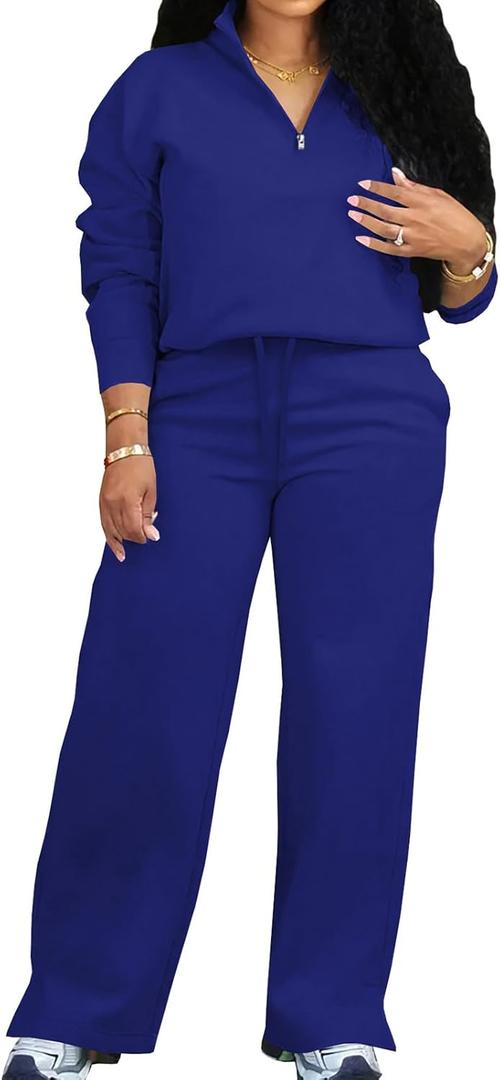 Adogirl Women 2 Piece Outfits Sweatsuit Set Fall Long Sleeve Half Zip Sweatshirt Wide Leg Sweatpants Tracksuit Lounge Sets (XX-Large, Blue)