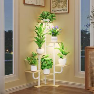 Corner Plant Stand with Grow Light - 6 Tier Plant Stand Indoor Square Metal Plant Shelf with Adjustable Light, Plant Organizer for Living Room, Graden, Home Decor (Maple)