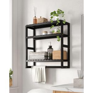 Over The Toilet Storage Bathroom Shelves Wall Mounted 3 Tier Space Saver Corner Shelf Organizer Bamboo Towel Rack Toilet Paper Cabinet with Hanging Rod Black (Large)