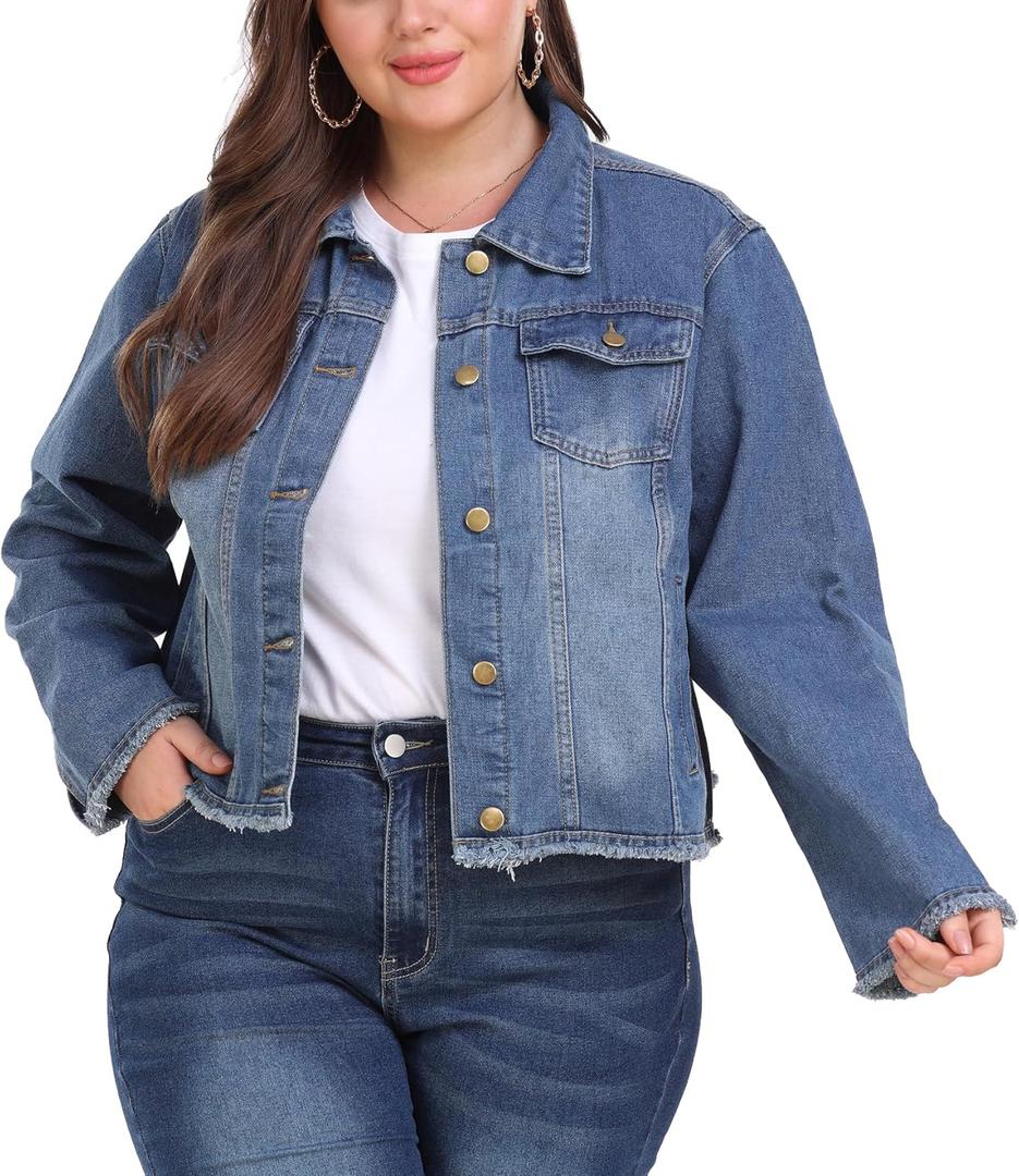 Anienaya Jean Jacket Women’s Frayed Washed Button Up Cropped Denim Jacket w 2 Side Pockets Size M
