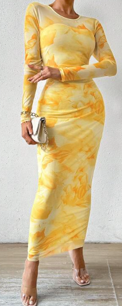 GORGLITTER Women's Sexy Floral Print Mesh Insert Maxi Dress Long Sleeve Crewneck Bodycon Dresses Yellow Small