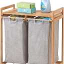 mDesign Freestanding Bamboo 2 Section Double Laundry Organizer Hamper with Removable Storage Sorter Bags, Space-Saving Basket Duo with Handles for Clothes/Linens - Echo Collection - Natural/Tan