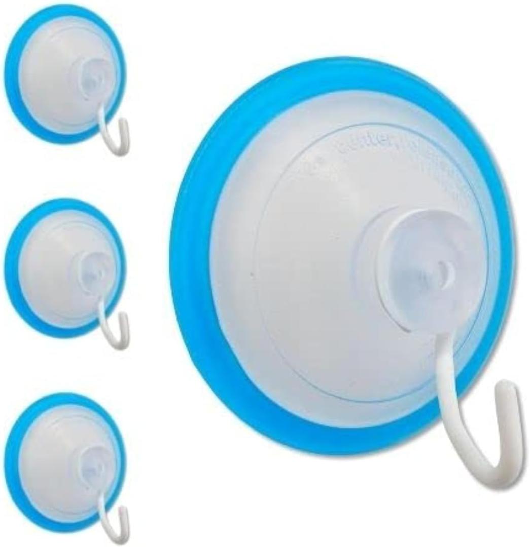 Suction Cup Hooks, Large 4-Pack Strong Heavy Duty for Wreaths Hanger Glass Door Window Shower Wall Textured Tile Uneven Rough Surfaces (LARGE BLUE)