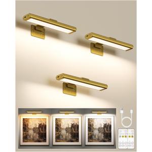 EZVALO Picture Light for Wall, Rechargeable 2400mAh Battery Lights Wireless with IR Remote, 3 Color & Dimmable Magnetic 7.87'' LED Lights Display for Painting, Living Room, Gallery, Bedroom(Gold-3P)
