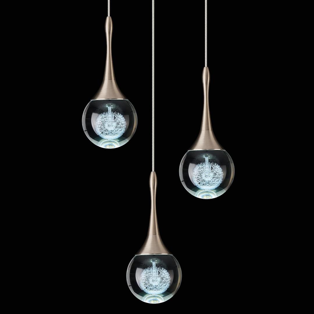 3-Light Nickel Teardrop Pendant Lighting, 15W Modern Dimmable LED Crystal Chandelier Cluster Pendant Light for Kitchen Island Dining Room Hallway Bathroom 6000K Cold White