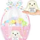 Personalized Easter Basket with Positive Crochet Bunny & Gift Bags & Ribbons, Cute Doll Plush Bag Empty Egg Storage Basket for Kids Boys Girls Easter Gifts Party Decorations (Woven-Pink)