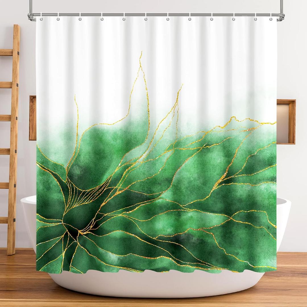 Shower Curtain White, Green Leaves Shower Curtains for Bathroom with Hooks, Polyester Fabric Shower Curtain Sets Machine Washable Waterproof Modern Bath Curtain Decor (72"W x 72"L (Pack of 1))