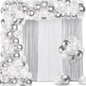 SmoothNovelty 137 Pcs White Silver Party Backdrop Kits - 4 Sequin Backdrop Curtain 133 Balloon Garland Kit Photo Prop Background for Graduation Wedding Anniversary Wonderland Birthday Baby Shower