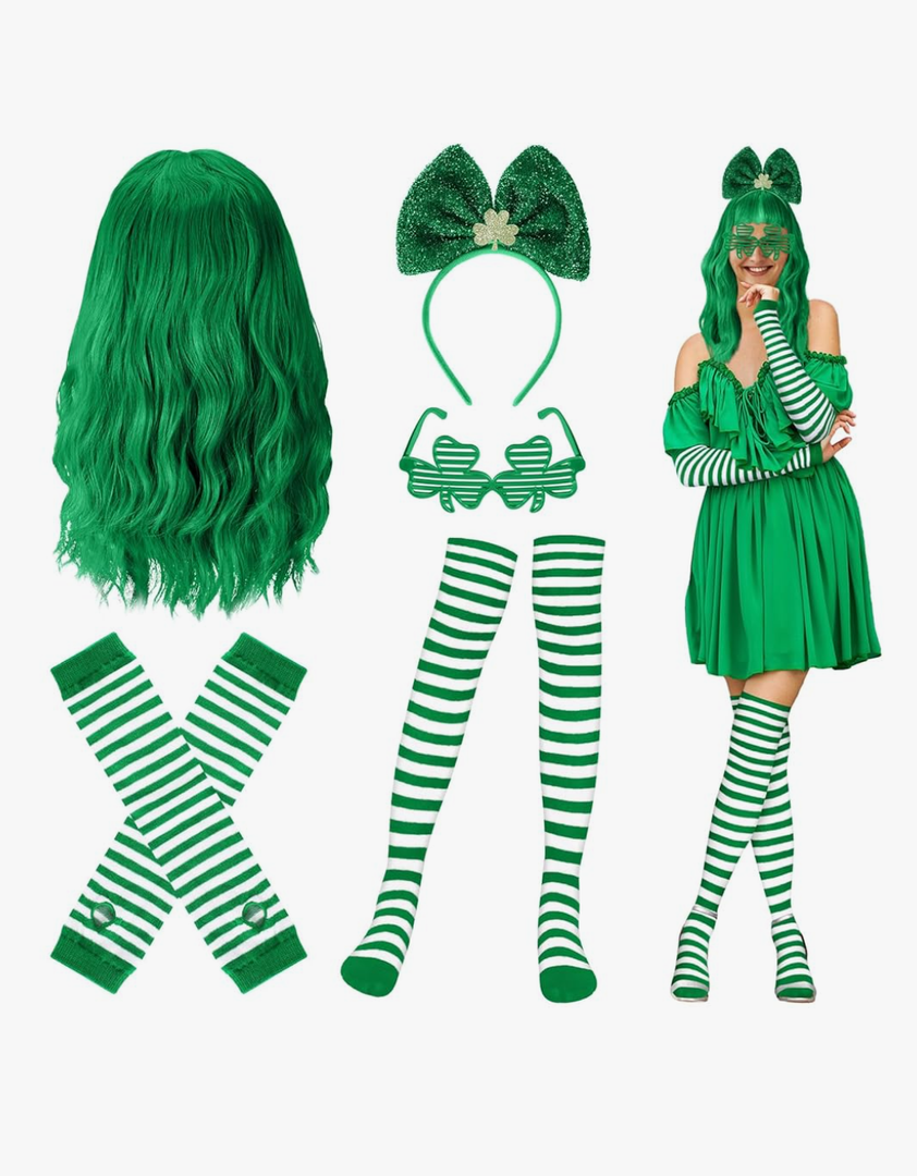 Geyoga 6 Pcs St. Patricks Day Costume Accessories Set Green Wigs for Women Clovers Glasses Shamrock Headbands Leprechaun Irish Thigh High Socks Sleeves