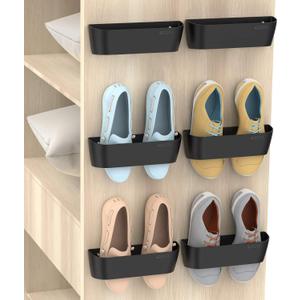 Wall Mounted Shoes Rack 6Pack with Sticky Hanging Strips, Plastic Shoes Holder Storage Organizer,Door Shoe Hangers (SM03-Black-6)