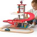Toy Car Garage with Rails, Wooden Parking Garage Toy Playset w/Elevator, Toddler Race Car Ramp Track Toy Set with 4 Mini Cars for Old Boys and Girls Kids Ages 3+ Birthday Gift Christmas