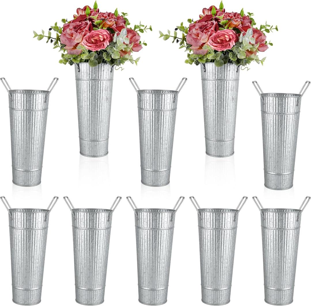 Galvanized Metal Vases for Centerpieces, 10 Inch Flower Buckets Artificial Floral Vase in Bulk Rustic Home Decor, Silver