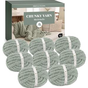 Mellobello Jumbo Chunky Yarn for Hand Knitting - Super Thick Chenille Chunky Yarn for Crocheting - Extra Soft Bulky Fluffy Blanket Big Yarn 8 Jumbo Pack (27yds,8 oz Each Skein) Sage Green