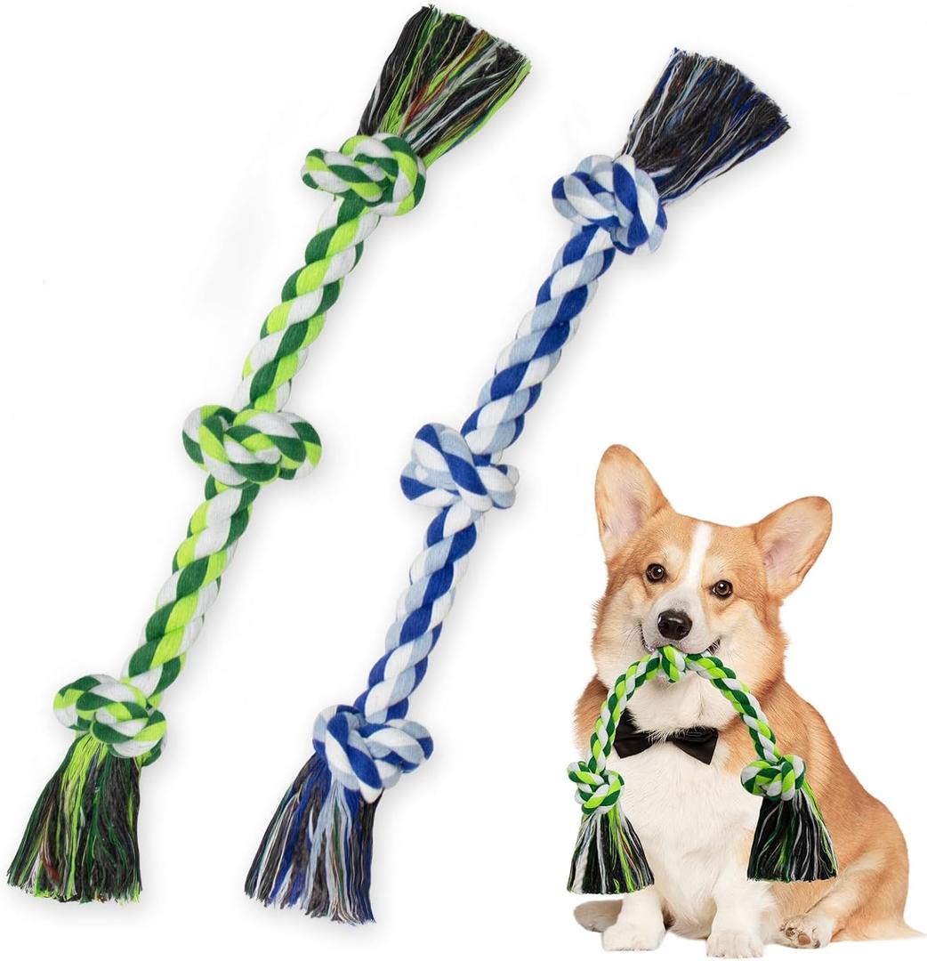 [2 Pack] Dog Rope Toys, Dog Chew Toy for Medium and Small Dogs, 3 Knots Heavy Duty Puppy Rope Toy, 100% Cotton Tug of War Dog Toys for Boredom, Teeth Cleaning (blue+green)