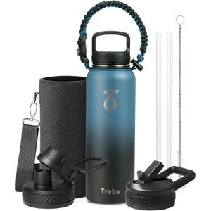 Trebo Water Bottle Insulated 40oz with Paracord Handle, Vacuum Triple Wall Stainless Steel Water Jug, 48hr Cold Retention, Leakproof BPA-Free Flask With 3 Lids Fits in Car Cup Holder, Indigo/Black