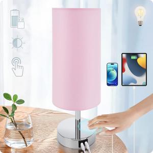 Yarra-Decor Bedside Lamp with USB Port - Touch Control Table Lamp for Bedroom 3 Way Dimmable Nightstand Lamp with Round Pink Fabric Shade for Living Room, Dorm, Home Office (LED Bulb Included)