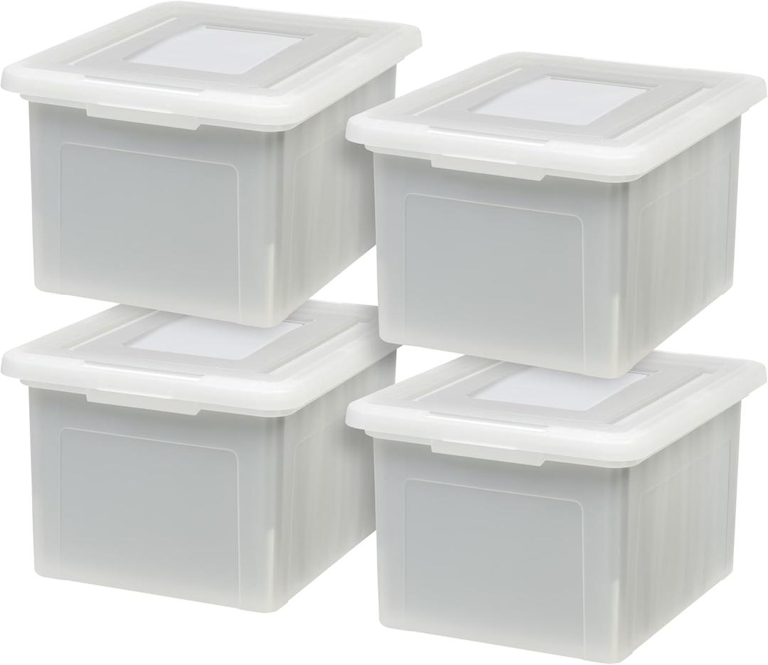 IRIS USA File Box with Lid, File Storage Box for Letter Size Documents, Portable Plastic File Box, Stackable Nestable Organizer, 35 Qt, 4 Pack, Pearl