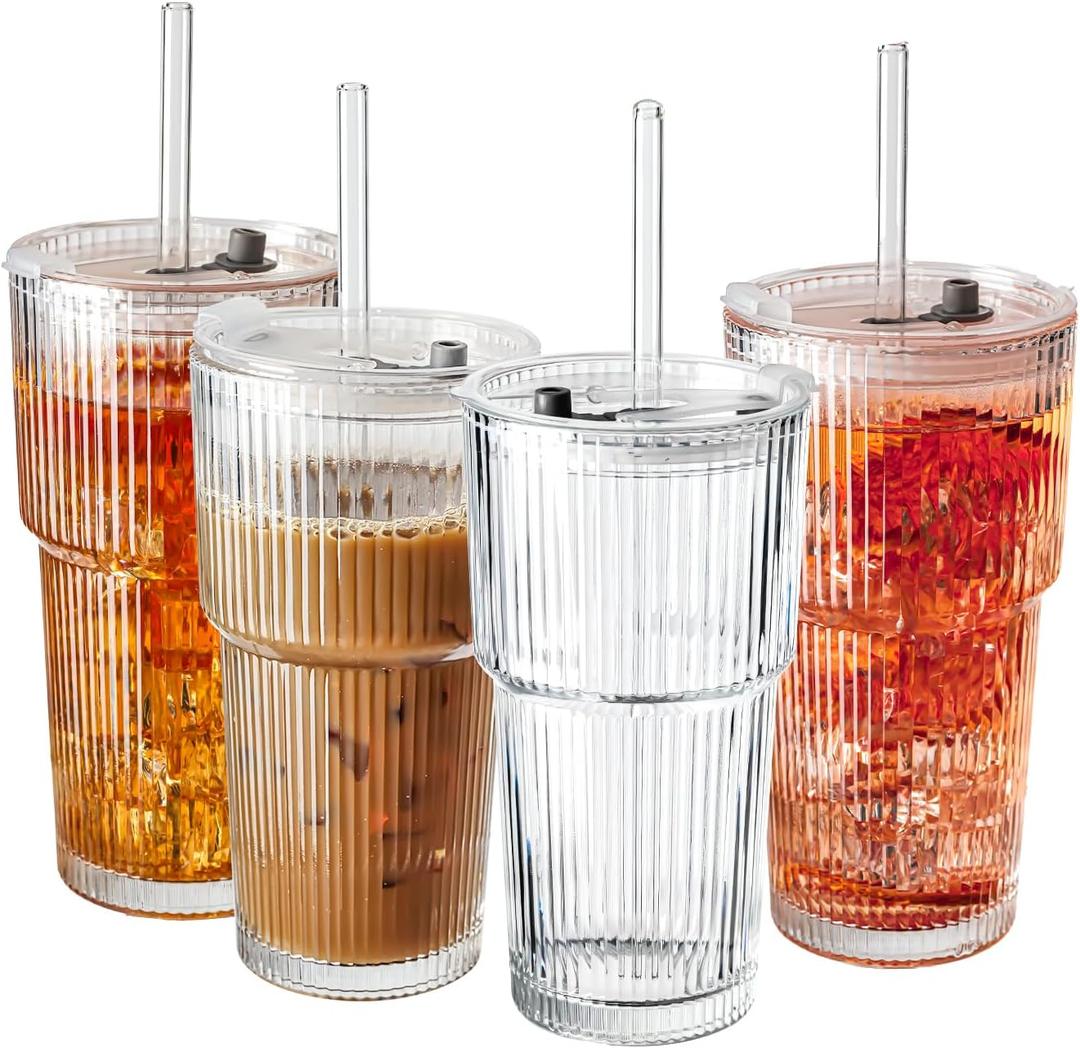 SUROQUE 20oz Ribbed Glass Tumblers with Lids & Straws, Ideal for Iced Coffee, Cocktails & More - Includes Cleaning Brush (EXP 11/25/26)