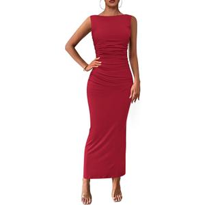 PRETTYGARDEN Women's 2026 Summer Semi Formal Midi Dresses Sleeveless Ruched Bodycon Long Elegant Cocktail Wedding Guest Dress (Red, M)