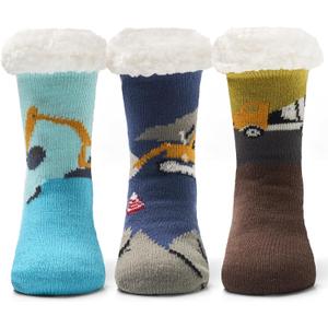 Kids Boys Winter Socks Warm Fuzzy Socks for Girls Home Floor Soft Lined Fluffy Socks with Grips 3 Pack (Engineering Cars 6305)