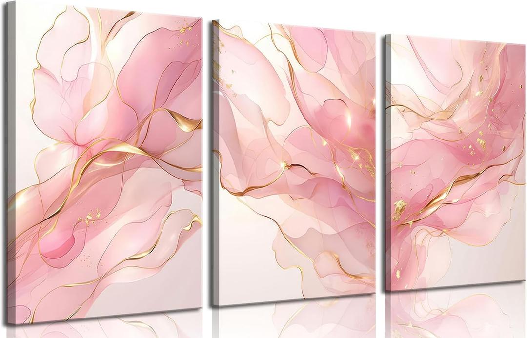 Pink Marble Abstract Canvas Wall Art Pink and Gold Abstract Marble Wall Decor Pictures Neutral Modern Minimalist Posters Prints for Living Room Bedroom Home Decoration 16x24in