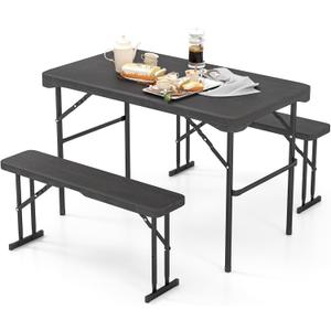 Tangkula Picnic Table with 2 Benches, 3 Piece Folding Picnic Table Set with HDPE Tabletop, Sturdy Metal Frame, 4 Person Plastic Folding Table for Indoor Outdoor Use (Black)