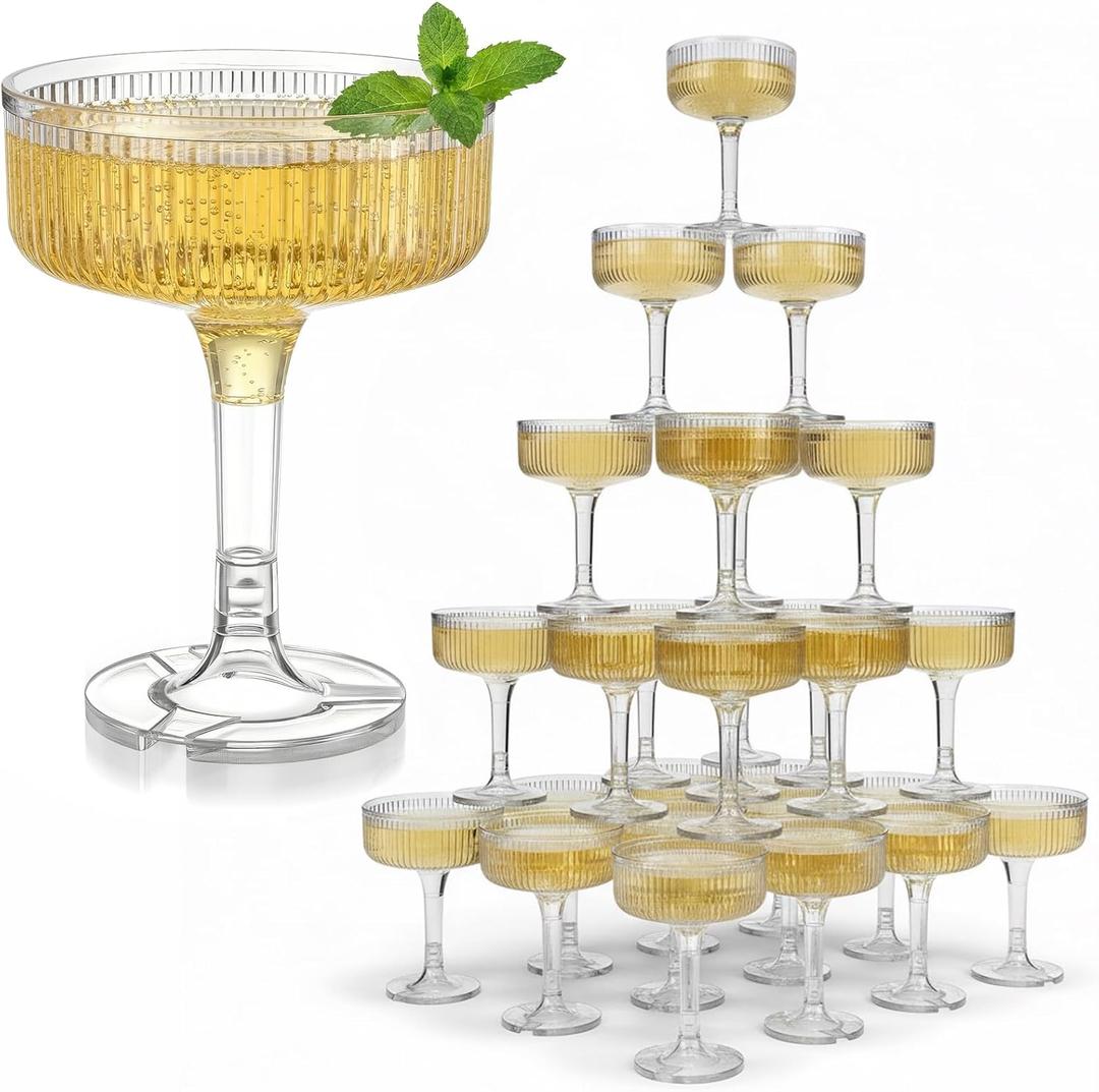 20 Pcs Champagne Tower Glasses, 7oz Plastic Martini Glasses, Unbreakable Martini Glasses Clear Reusable Cocktail Acrylic Coupe Drinkware for Champagne Tower Wedding Birthday Bar Party (20, Clear)