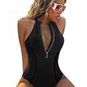 BIKINX Women One Piece Bathing Suit Tummy Control Swimsuits High Neck Zip Front Monokini Color Block Rash Guard Swimwear (Small)