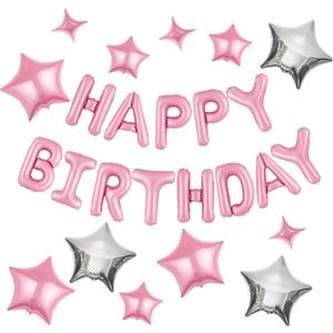CANREVEL Happy Birthday Banner 13pcs 16 Inch Mylar Foil Letters with 12pcs Star Balloons Birthday Party Decorations for Kids and Adults - 3D Pink