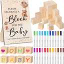 Qilery 75 Pcs Baby Shower Games Sign Kit Including Decorate a Block Game Sign 50 DIY Blank Wooden Block 24 Acrylic Paint Marker Baby Shower Prize for Winners Gender Reveal, Bear(Khaki)