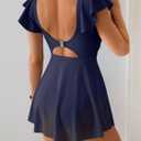 Women's One Piece Ruffle Swimsuit Sexy Mesh One Piece Swim Dress Tummy Control V Neck Swimwear (Blue)