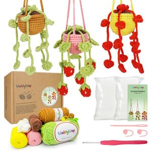WaldyWop Crochet Kit for Beginners: 3 PCS Hanging Potted Crochet Plants Kits for Adults Kids 8-12 - Easy Video Tutorials & Printed Instructions & 40% Extra Yarn - DIY Birthday Gift Set for Girls Women