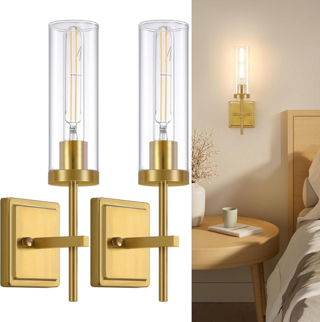 Gold Wall Sconces Lighting Set of 2, Hardwired Bathroom Vanity Light Fixture with Clear Glass Shade, Farmhouse Wall Mounted Lights for Mirror Bedroom Living Room Kitchen (Bulbs Not Included)
