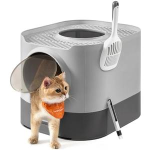 Feandrea Cat Litter Box with Lid, XL Enclosed Litter Box with Slide-Out Tray, Scoop, Brush, Anti-Tracking, for Cats of Different Sizes, Dove Gray and Slat Gray UPPT002B01