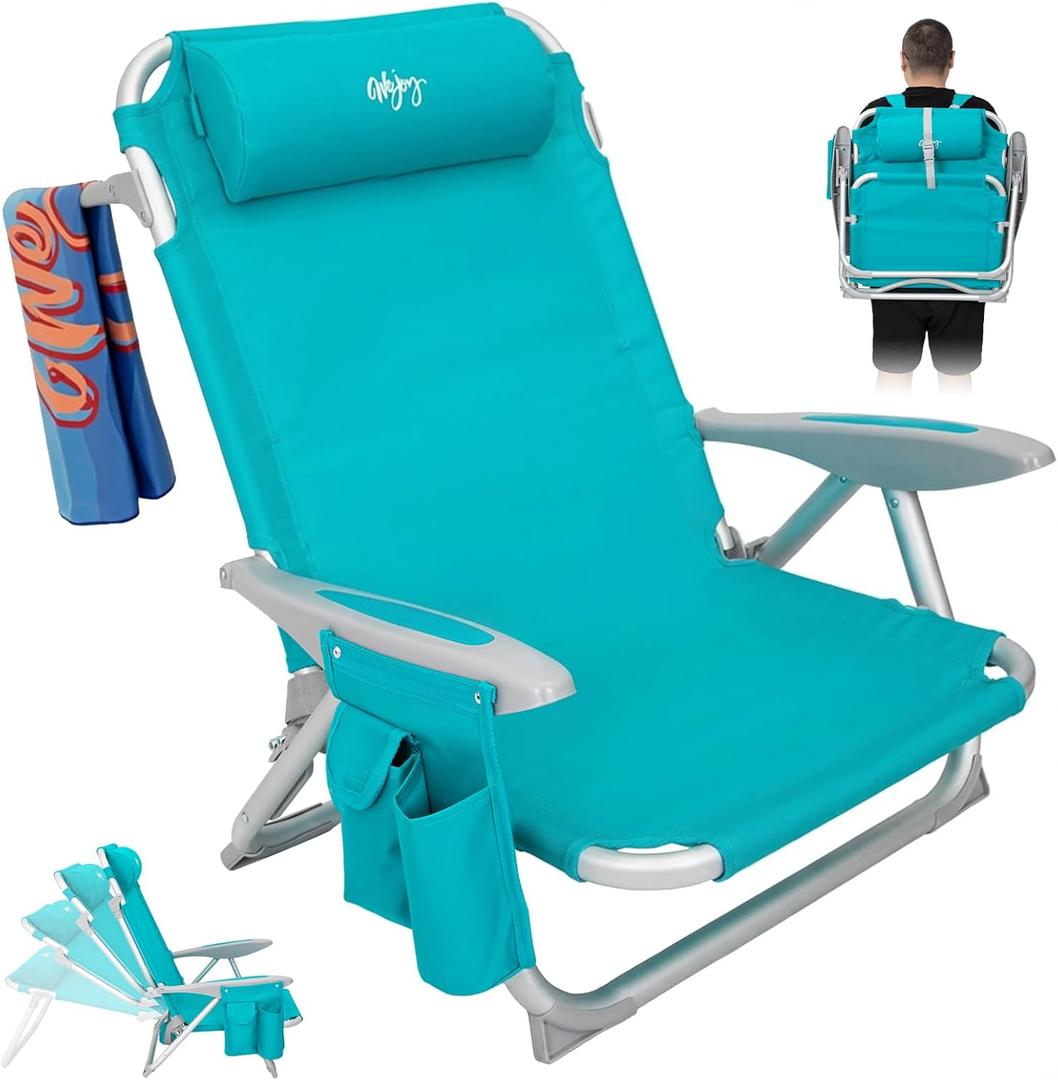 #WEJOY Beach Chair for Adults, Reclining Adjustable Position, Lay Flat Lightweight Folding Portable Aluminum Chair with Backpack Straps,Padded headrest, Heavy Duty 400 lbs Lawn Chair for Beach, Sand